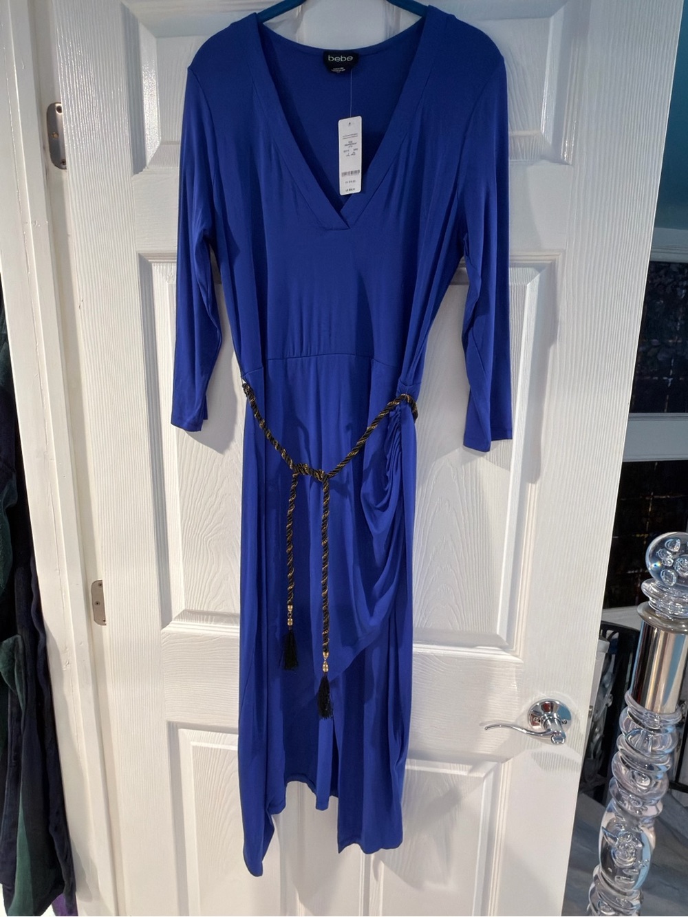 bebe Cobalt Blue V-Neck Maxi Dress with Rope Tassel Belt